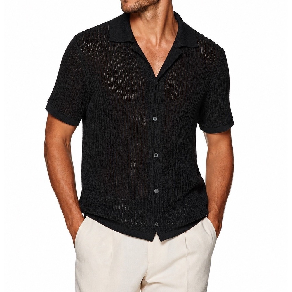Suitsupply Cotton Silk Open Knit Polo Shirt Men’s L Black Button Front Quiet Lux